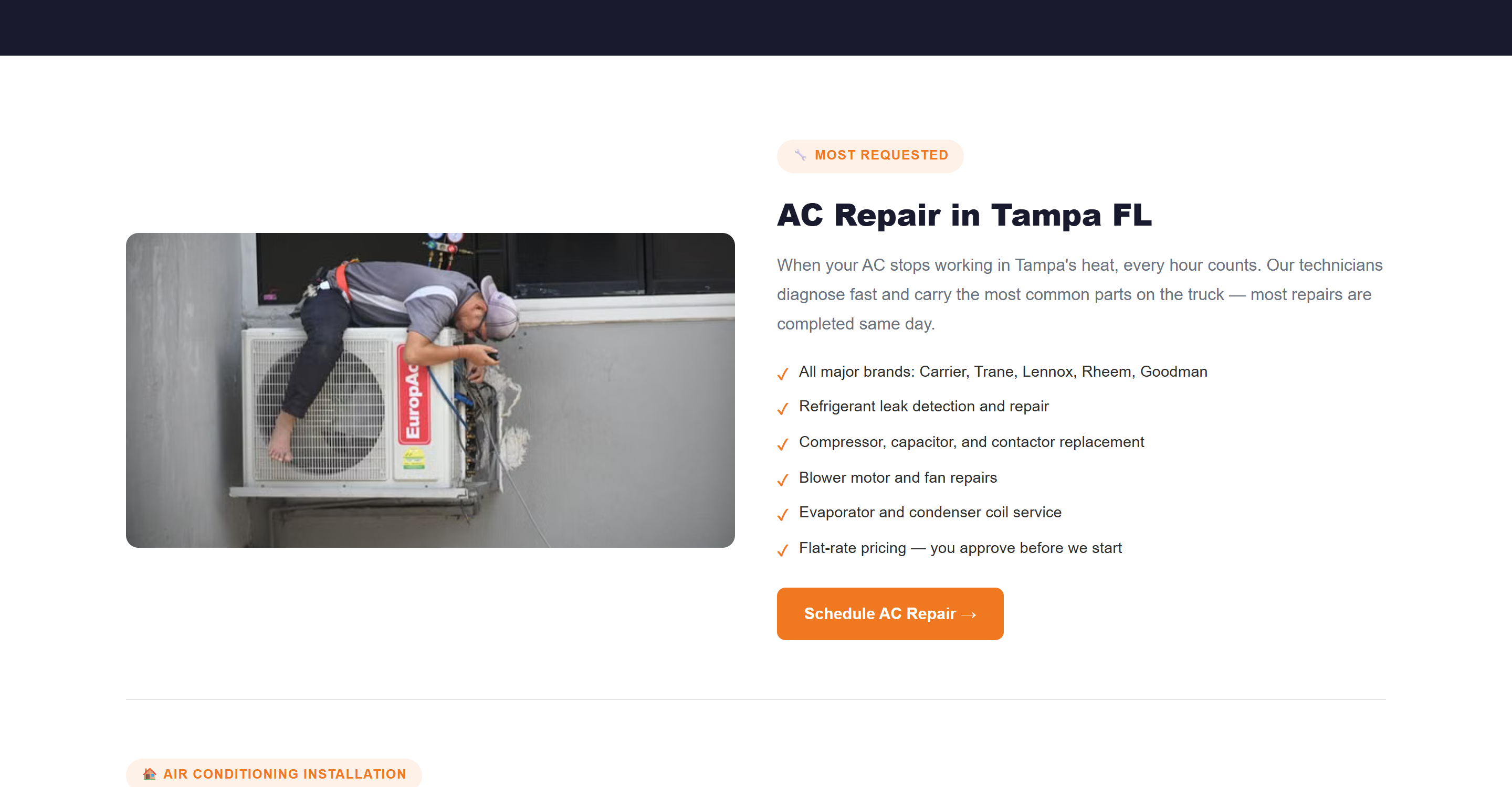Dedicated AC repair service section on an HVAC website, showing a real technician photo, a bulleted list of what's included, and a service-specific 'Schedule AC Repair' CTA button