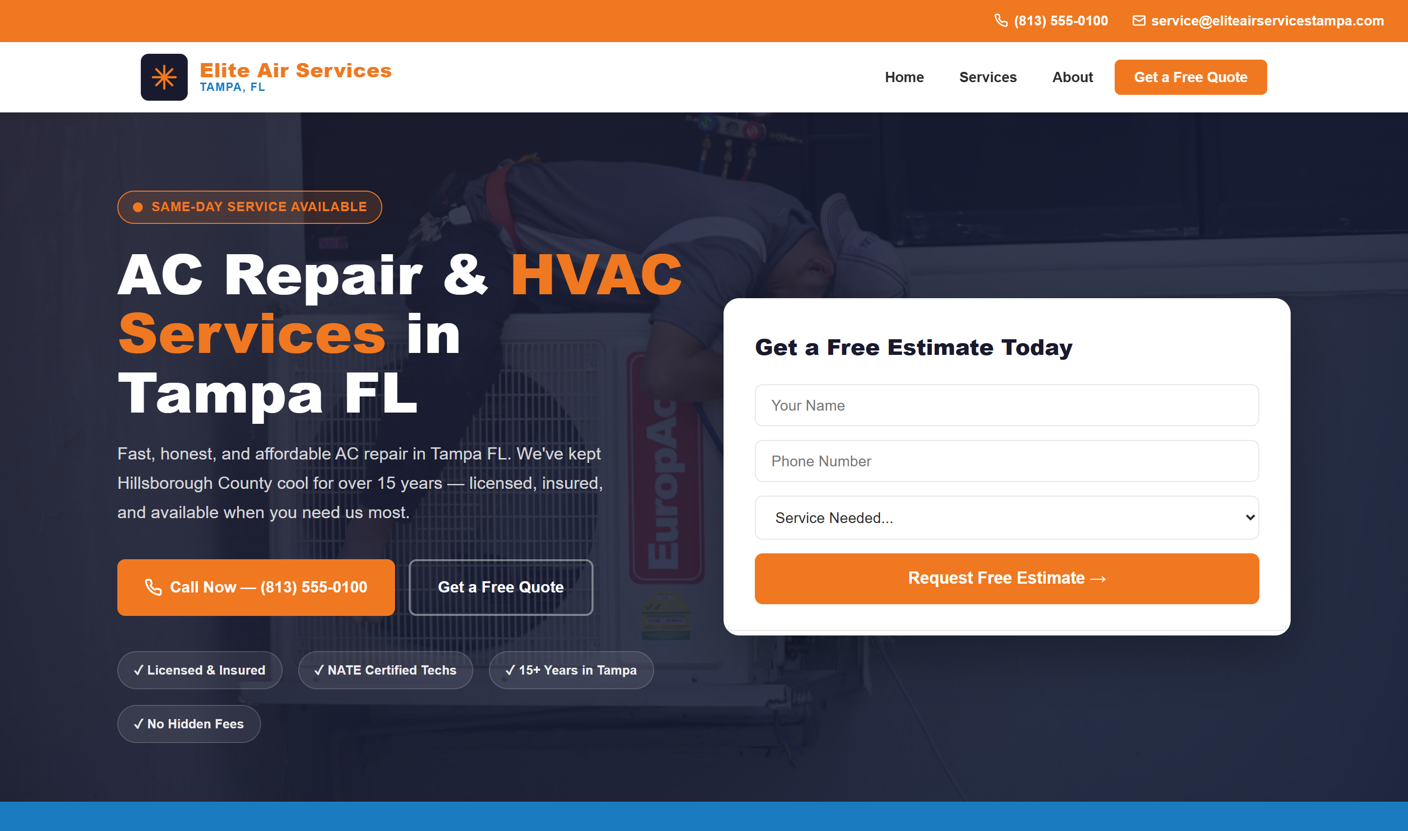 HVAC website hero section showing a clickable phone number, same-day service badge, trust markers for licensing and years in business, and a lead capture form, all visible without scrolling