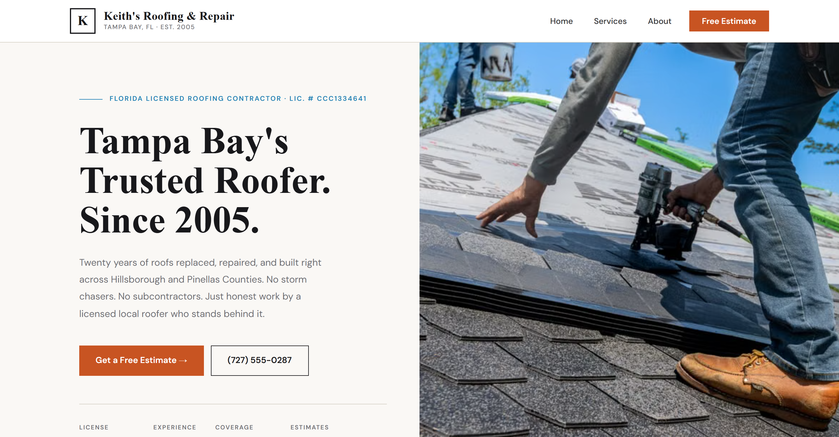 Roofing company website hero section showing a phone number, license number, and clear estimate request buttons above the fold