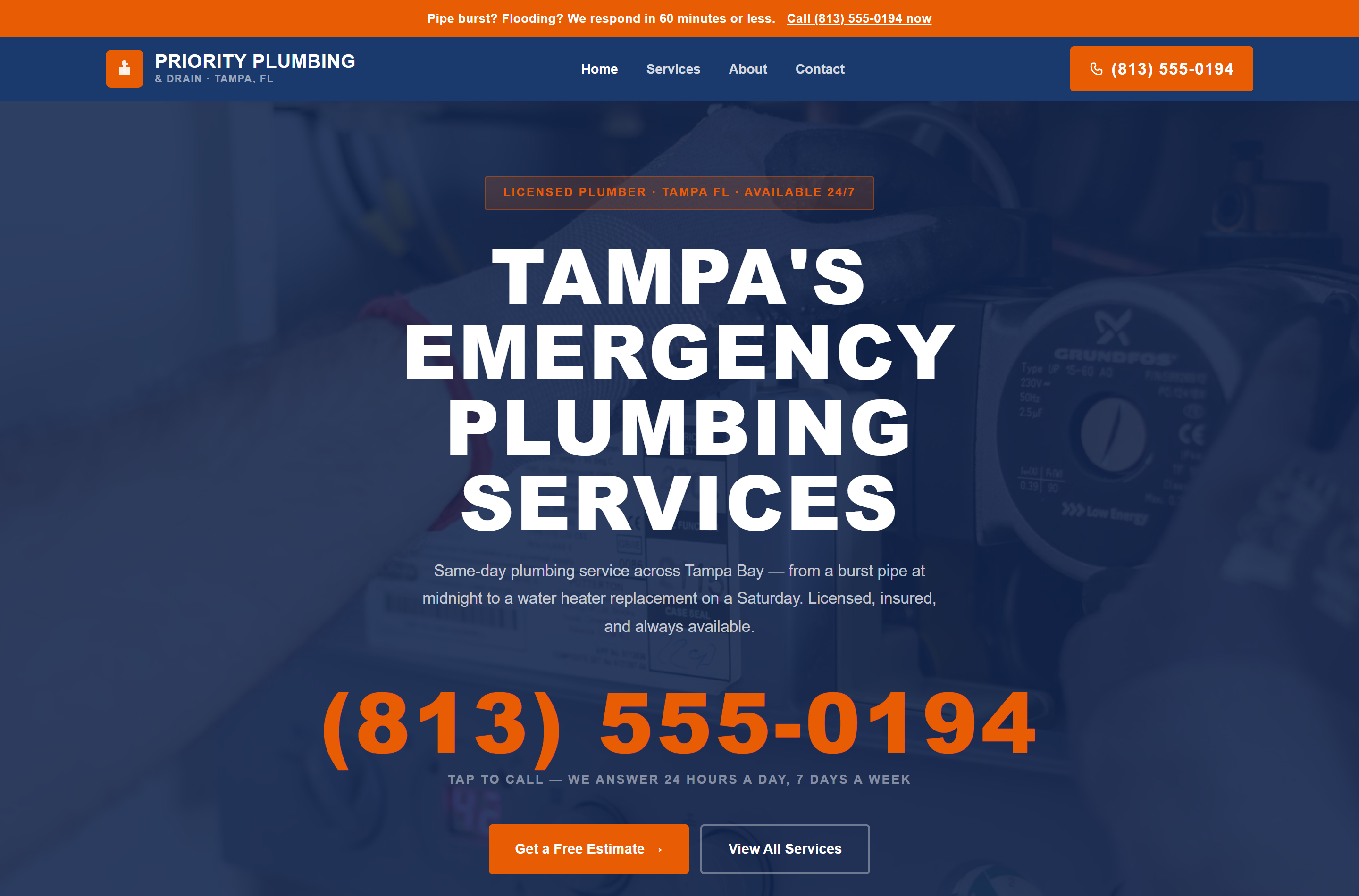 Plumbing company website hero section with a large tap-to-call phone number and 24/7 emergency response messaging