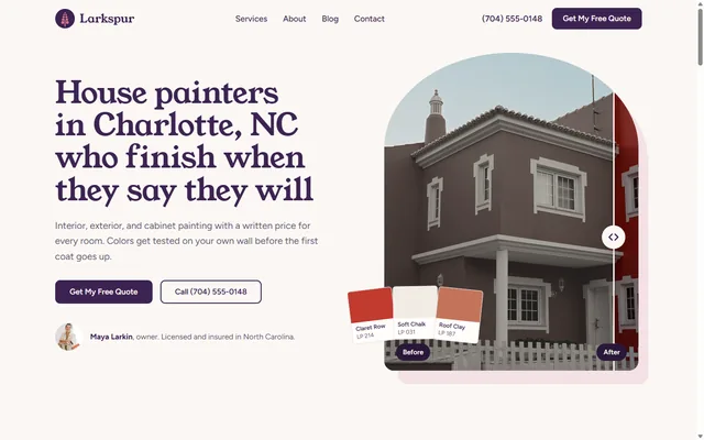 Larkspur Painting Co. Charlotte website: painting contractor site built by CopperBuilds